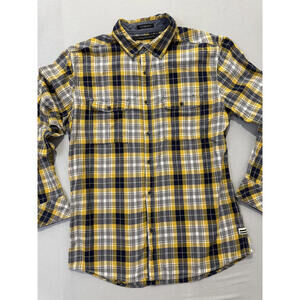 Sean John Mens XL Tailors Fit Plaid Button Down Shirt Yellow Gray 100% Cotton